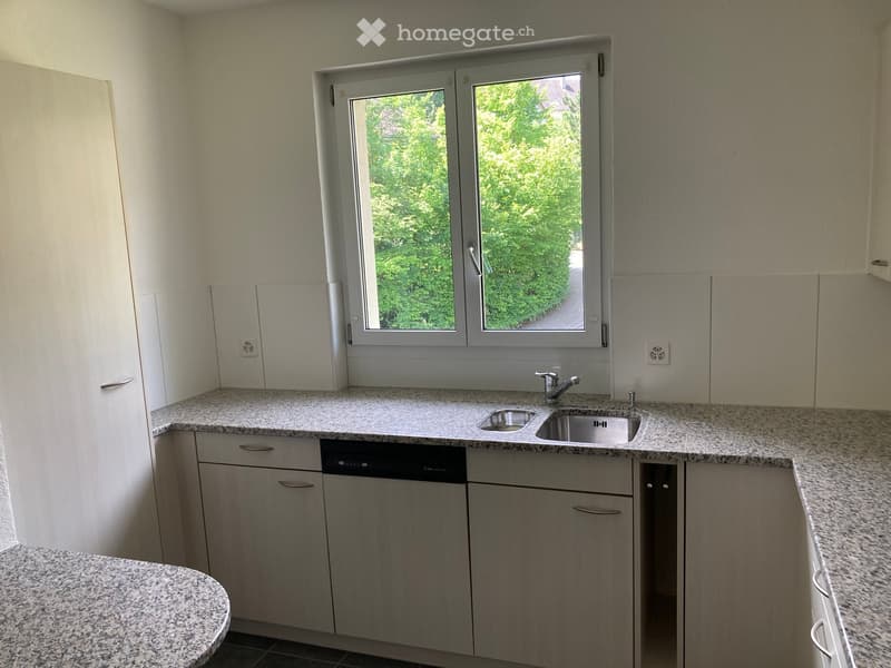 Kitchen. Modern kitchen with granite countertops, stainless steel sink, dishwasher, and light-colored cabinets.