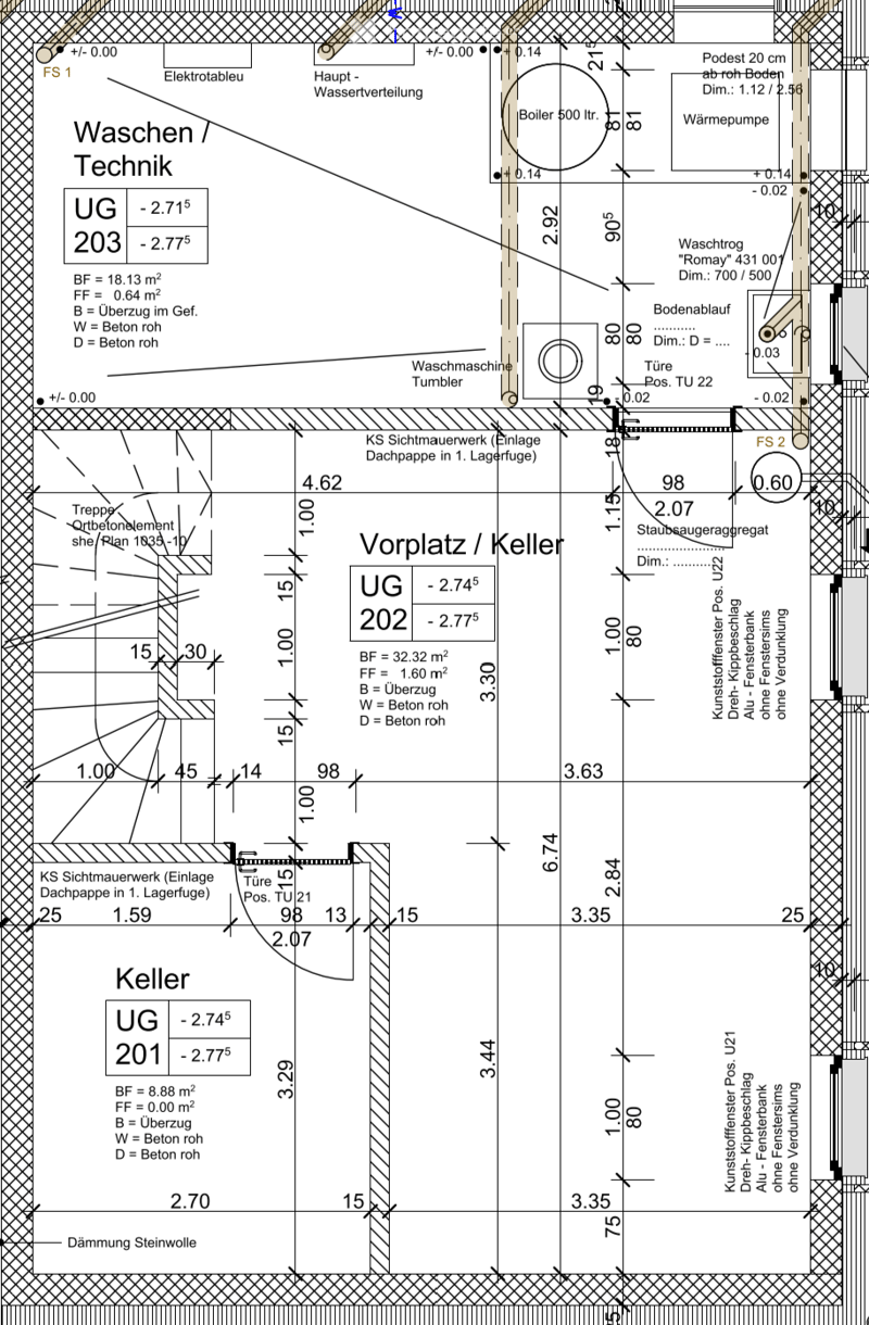 Floor plan of a basement level showing three rooms: Waschen/Technik (Utility/Technical), Vorplatz/Keller (Hallway/Cellar), and Keller (Cellar). Includes labeled dimensions, technical equipment, and structural details.