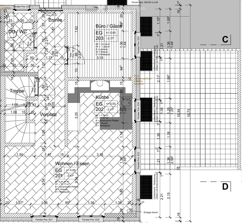 Ground floor floor plan showing entrance, office/guest room, kitchen, living/dining area, bathroom, and staircase.