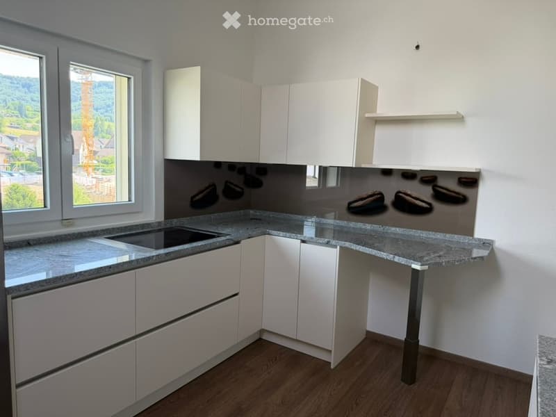Modern kitchen with white cabinets, granite countertop, and a sink. Features a decorative backsplash with coffee bean designs and large windows offering a scenic view.