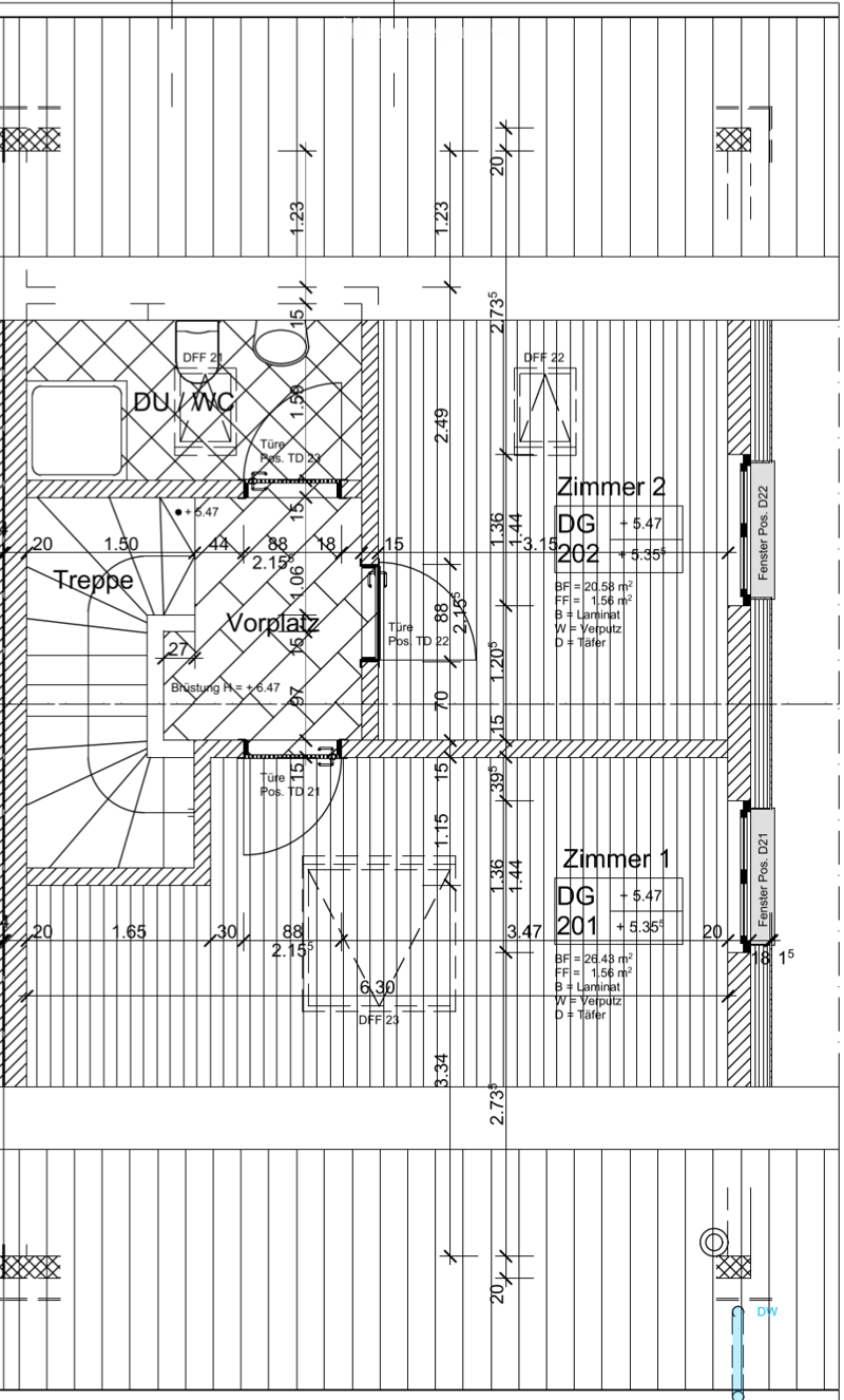 Floor plan showing two rooms (Zimmer 1 and Zimmer 2) on the ground floor (DG), with dimensions, door and window placements, and floor specifications.