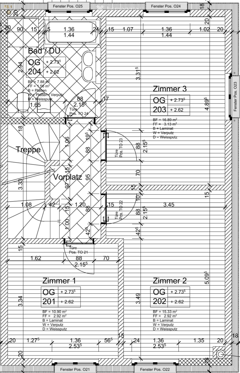 Floor plan showing a layout with labeled rooms including Zimmer 1, Zimmer 2, Zimmer 3, Bad/DU, and Vorplatz. Dimensions and floor levels are indicated, along with details such as flooring types and wall materials.