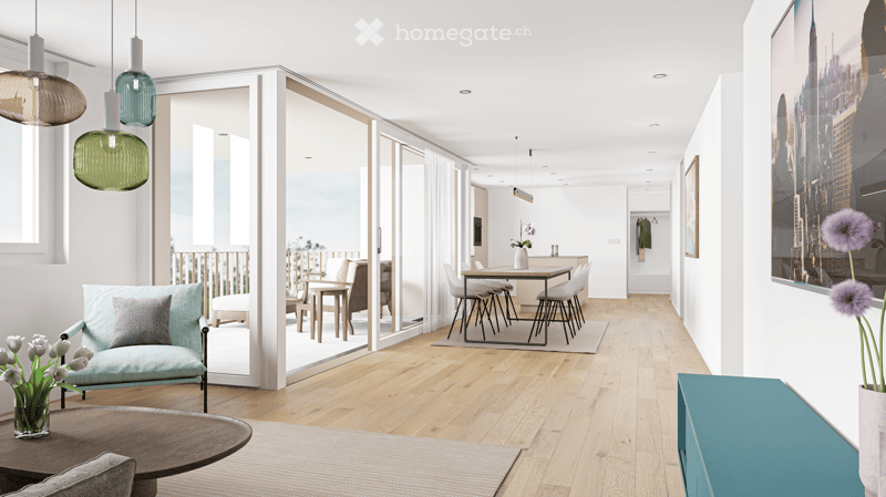 hardwood floors, chandelier, dining table, sofa, chair, white walls, balcony, large windows