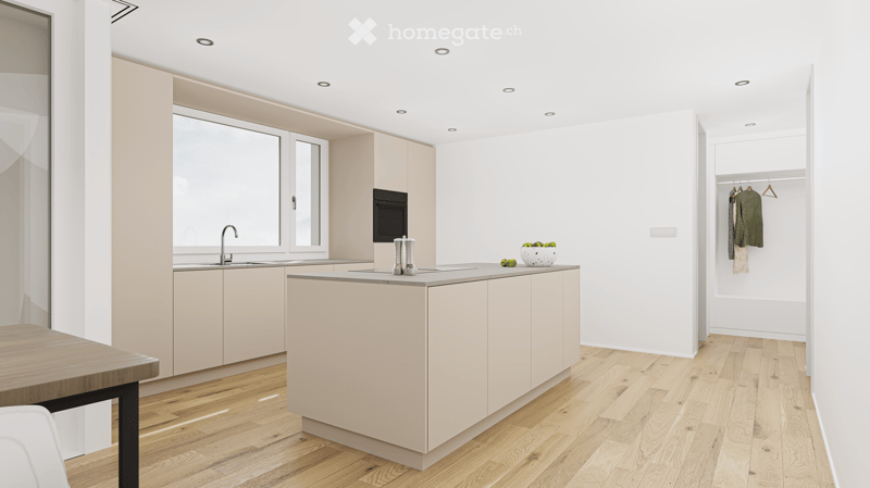 a small kitchen with island countertop, central sink, oven, wooden floor, wooden table, built-in cabinets
