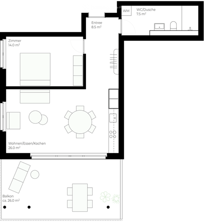 Entrance, living/dining/kitchen, bedroom, bathroom, balcony