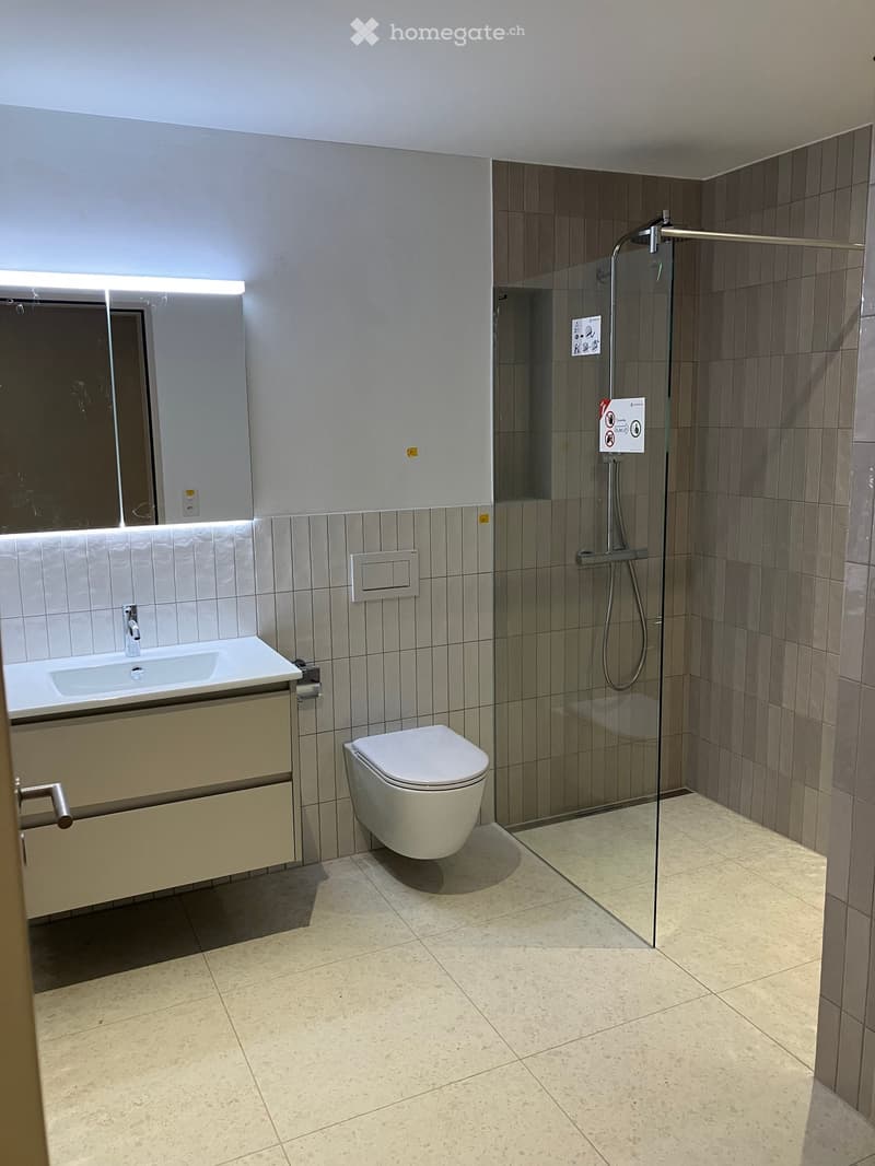 Modern bathroom with a white sink, toilet, and glass-enclosed shower. Light-colored tiles and a sleek design.