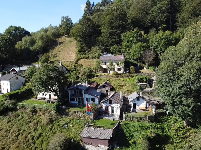 Aerial view of a small village with multiple houses nestled in a lush, green valley surrounded by trees and hills.