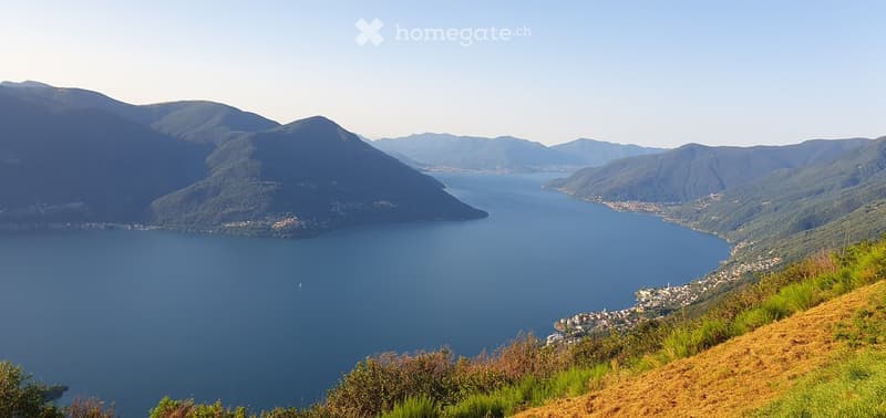 Panoramic view of a lake surrounded by mountains, with a town visible on the shore.