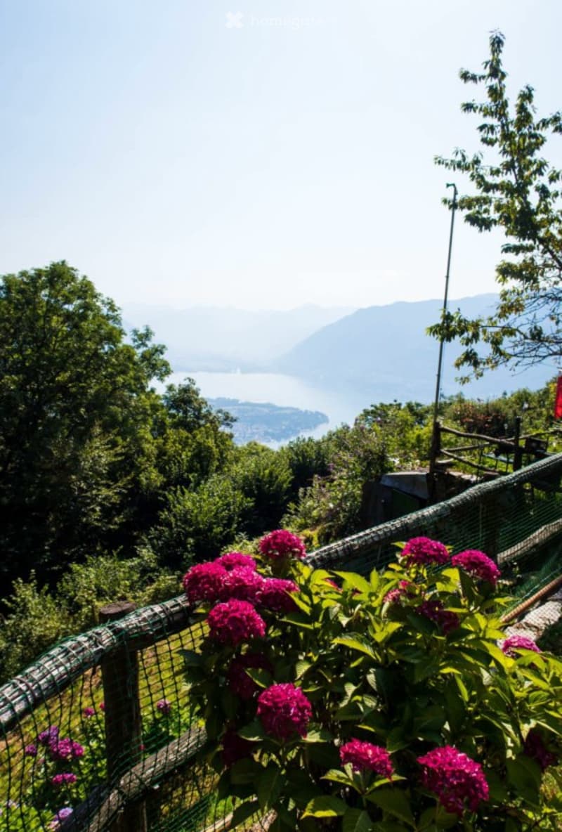 Balcony overlooking a scenic lake and mountain view, with purple flowers in the foreground and a wooden fence.
