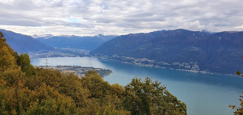 Panoramic view of a lake surrounded by mountains, with a town visible on the shore and autumn foliage in the foreground.