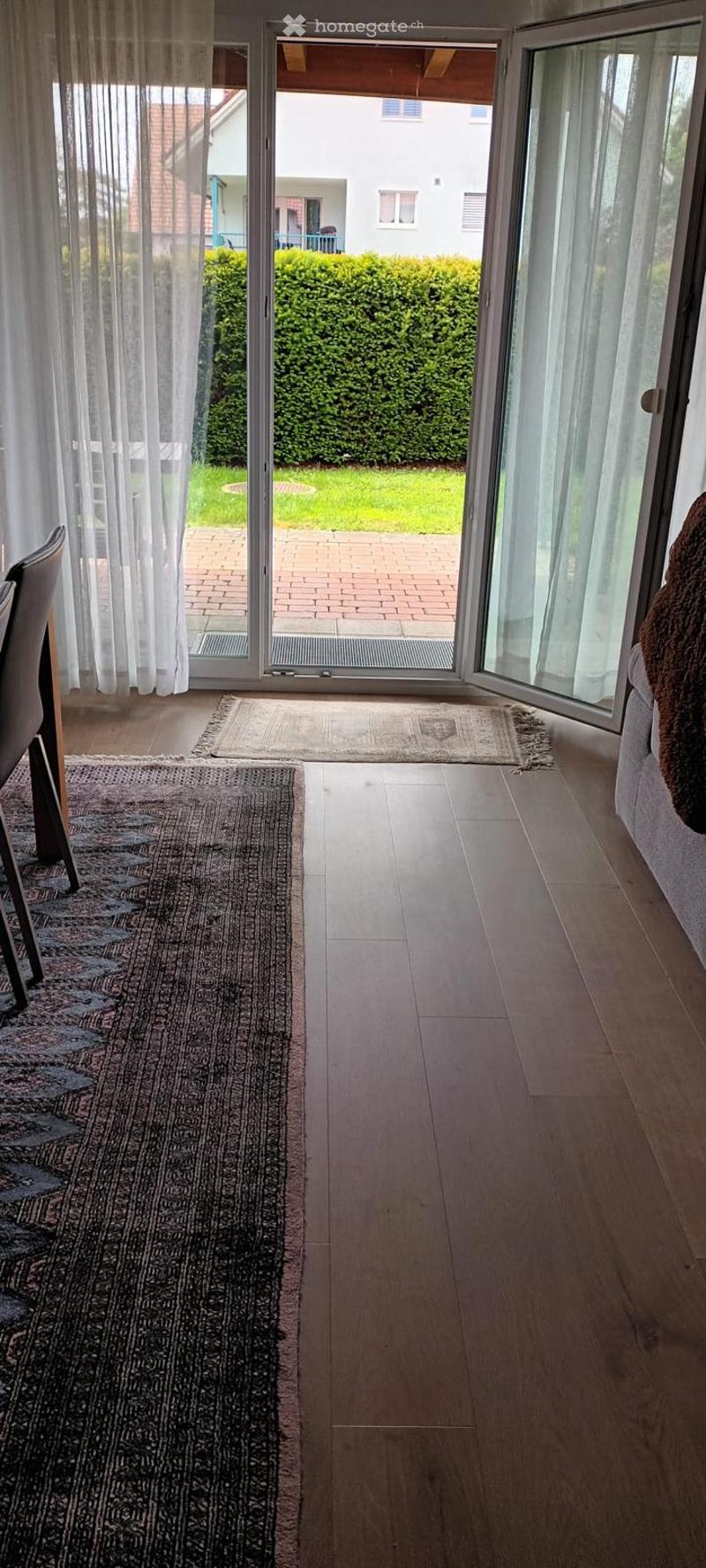 Bright hallway with wooden flooring, large sliding glass doors leading to a garden, patterned rugs, and a visible chair and sofa.