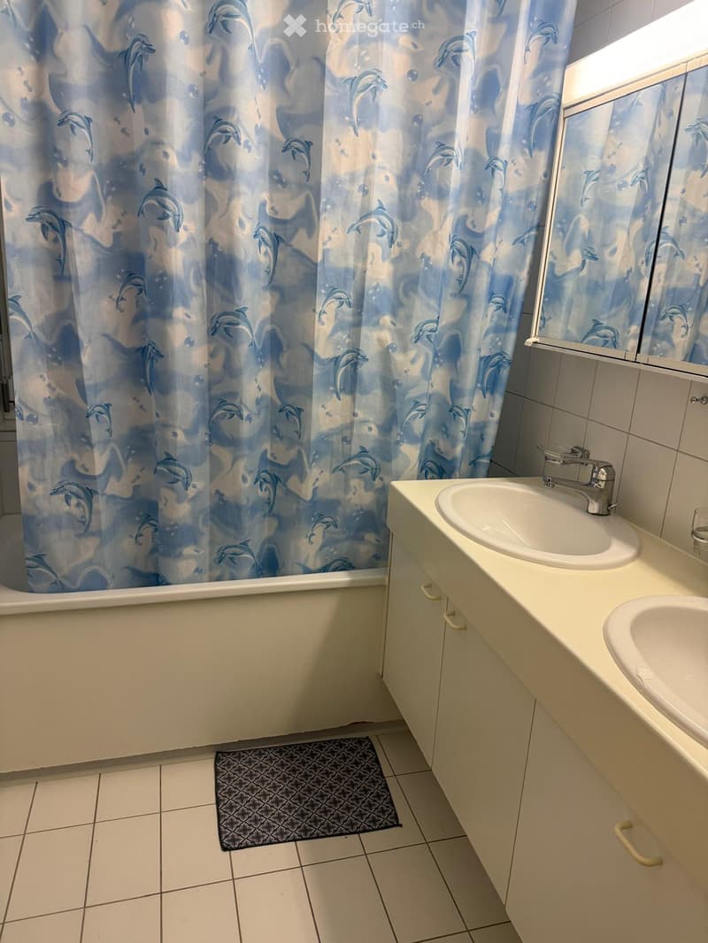 Bathroom with a bathtub, two sinks, a mirror, and a dolphin-patterned shower curtain.