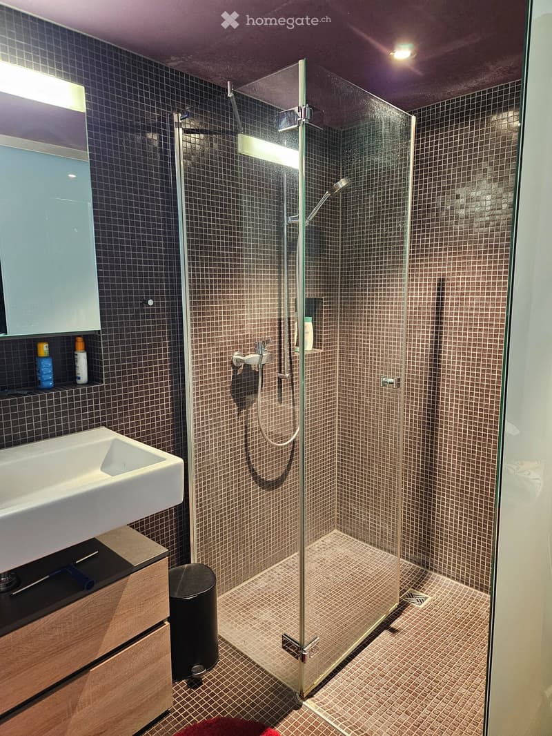 Bathroom. Modern bathroom with a white sink, wooden vanity, glass-enclosed shower, and tiled walls.