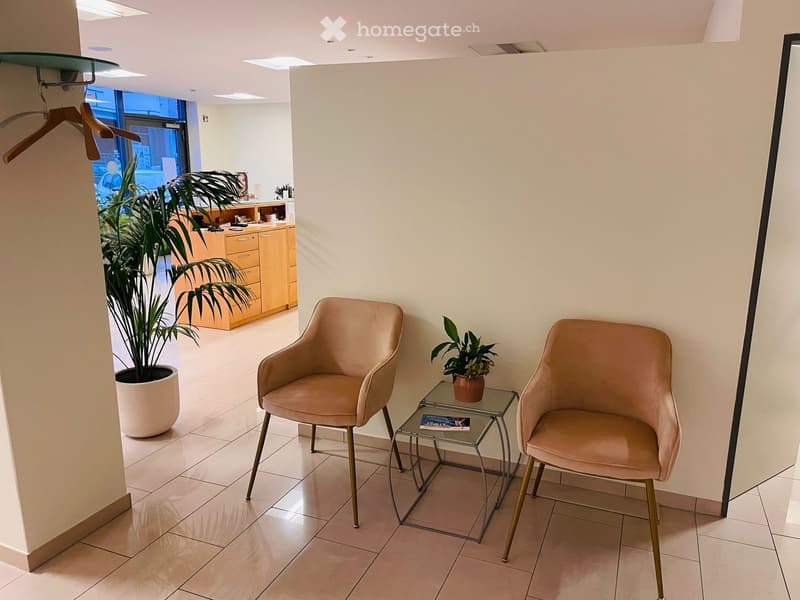 Waiting area with two beige chairs, a small glass table, a potted plant, and a wooden cabinet in the background.