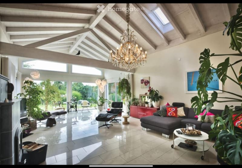 Large room, modern style, chandelier, plants, sofa, fireplace, coffee table, white tiles, glass windows