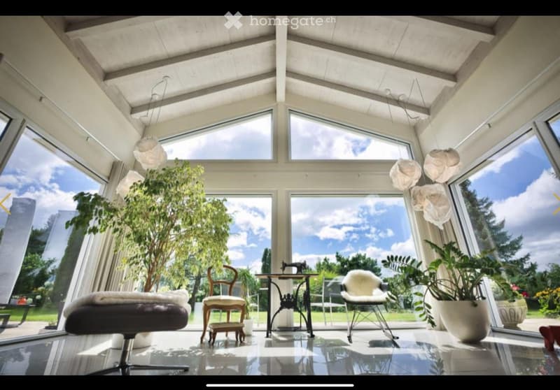 sunroom with glass walls, modern furniture, decorative plants, open view of the outdoors