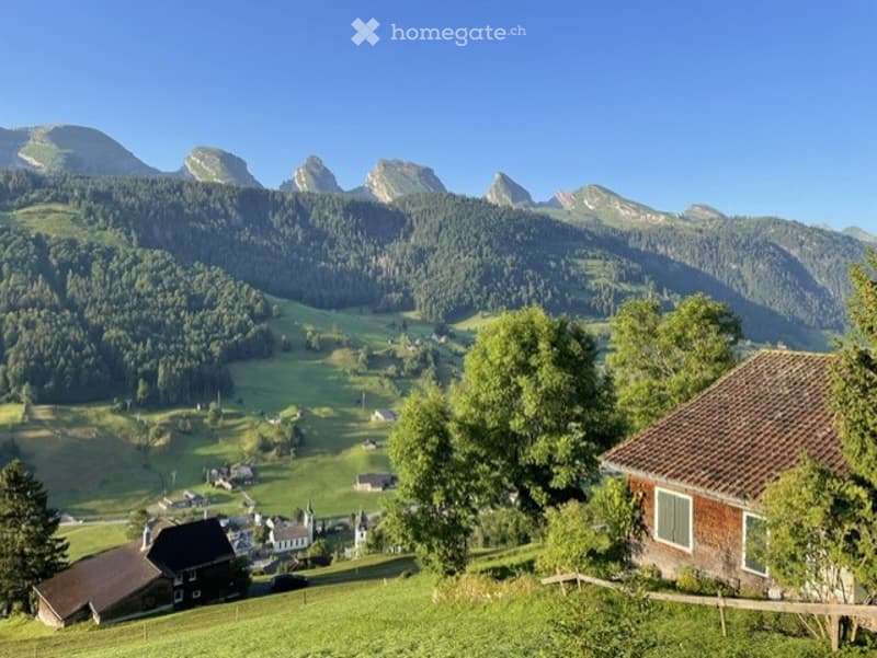 Scenic mountain landscape with a small village nestled in a lush green valley, surrounded by dense forests and towering peaks under a clear blue sky.