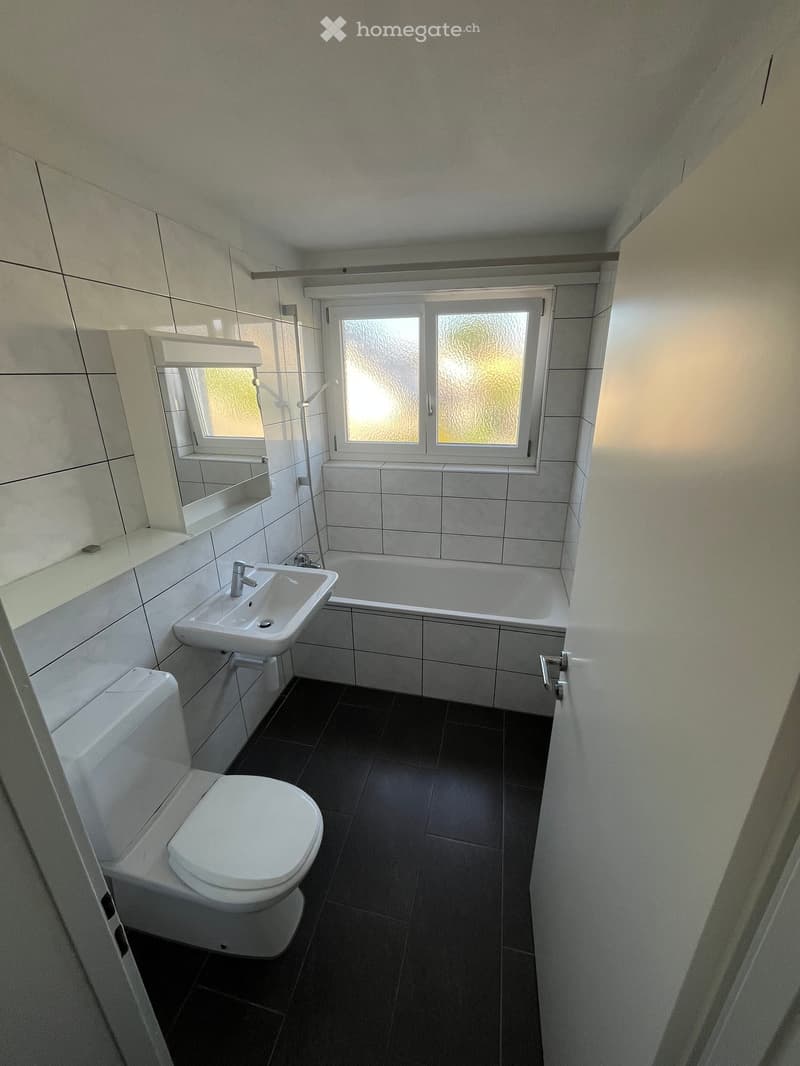 Modern bathroom with white tiles, dark floor, toilet, sink, bathtub, and mirror.