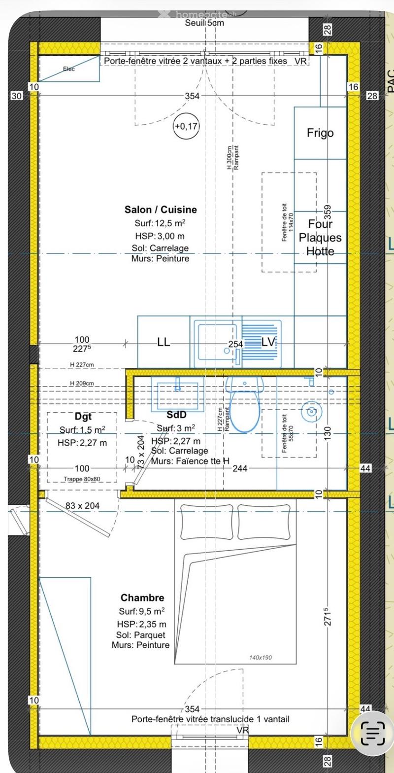Floor plan showing a salon/cuisine area, bedroom, and bathroom with labeled dimensions and features.