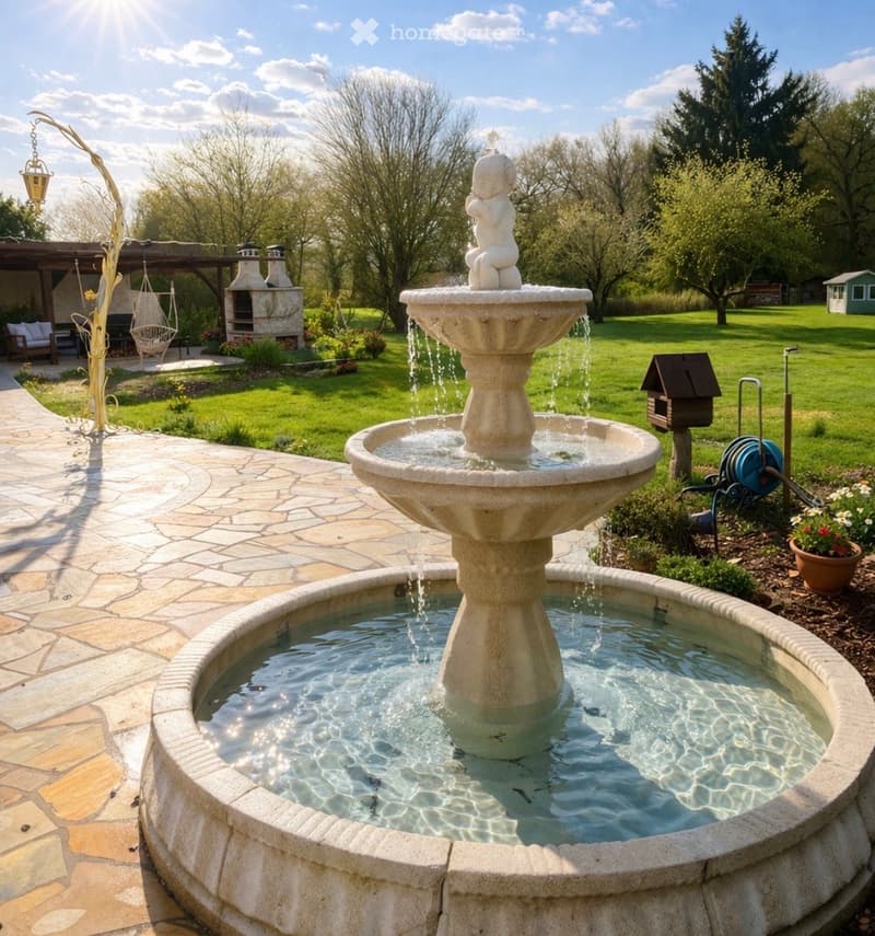 A well-maintained garden with a stone fountain, lush green lawn, trees, a pergola, and outdoor seating area.