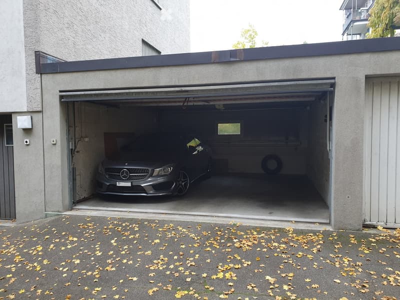 Garage with a parked car, concrete floor, and scattered autumn leaves outside.
