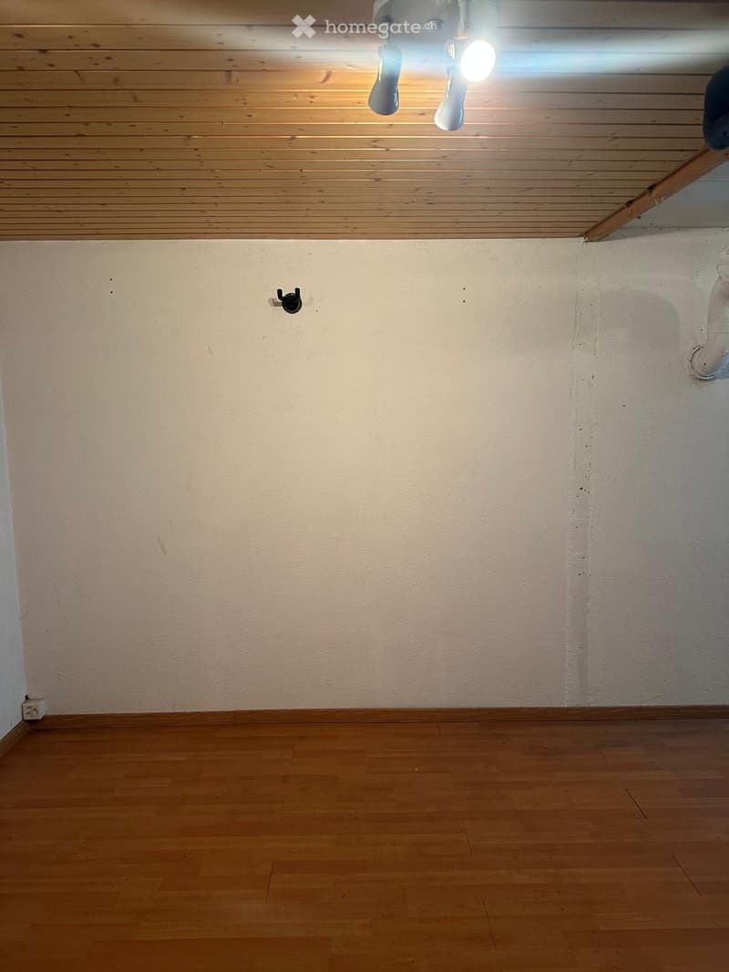 Empty room with wooden flooring and light-colored walls, featuring a ceiling light fixture and a wall-mounted hook.