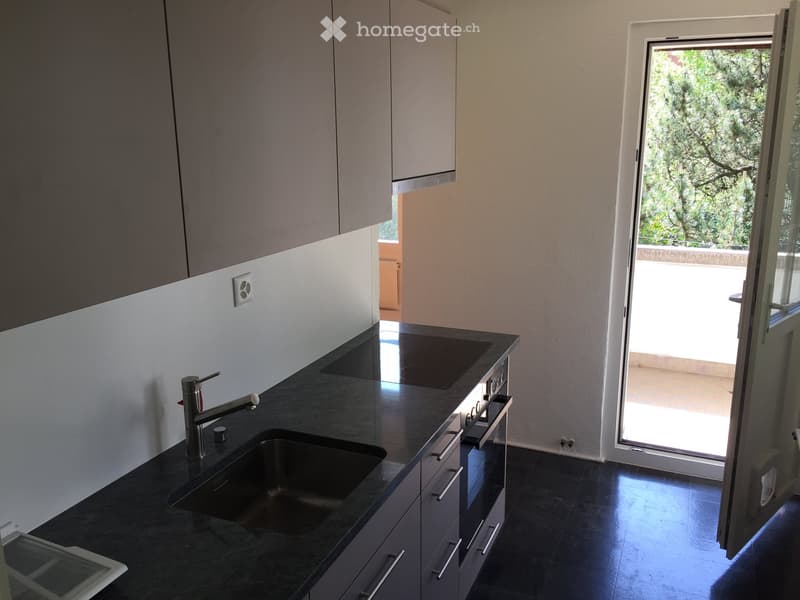 Modern kitchen with dark countertops, stainless steel sink, faucet, oven, and cabinets, opening to a view of greenery.