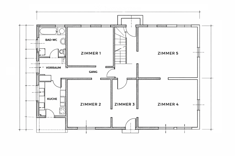 Floor plan showing a layout with five rooms, a kitchen, a bathroom, a hallway, and a storage area.
