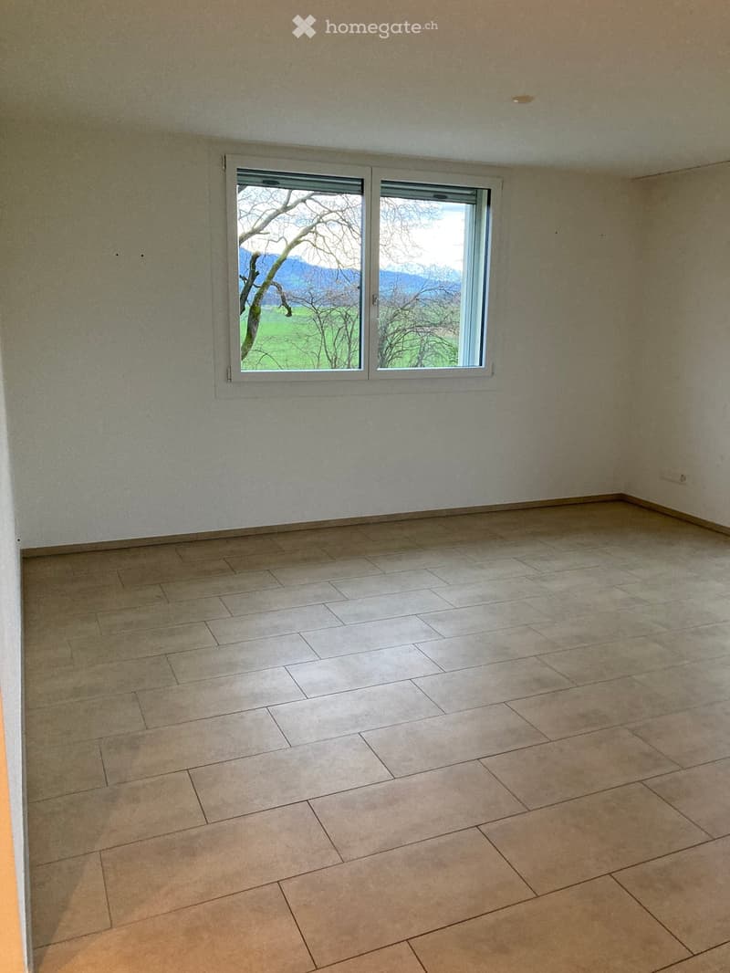 Empty room with tiled floor and large window showing a view of a green field and mountains.