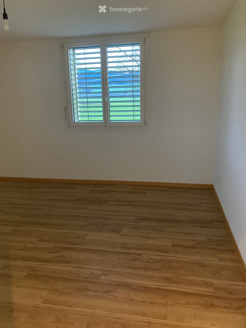 Empty room with wooden flooring and a large window with blinds, allowing natural light to enter.