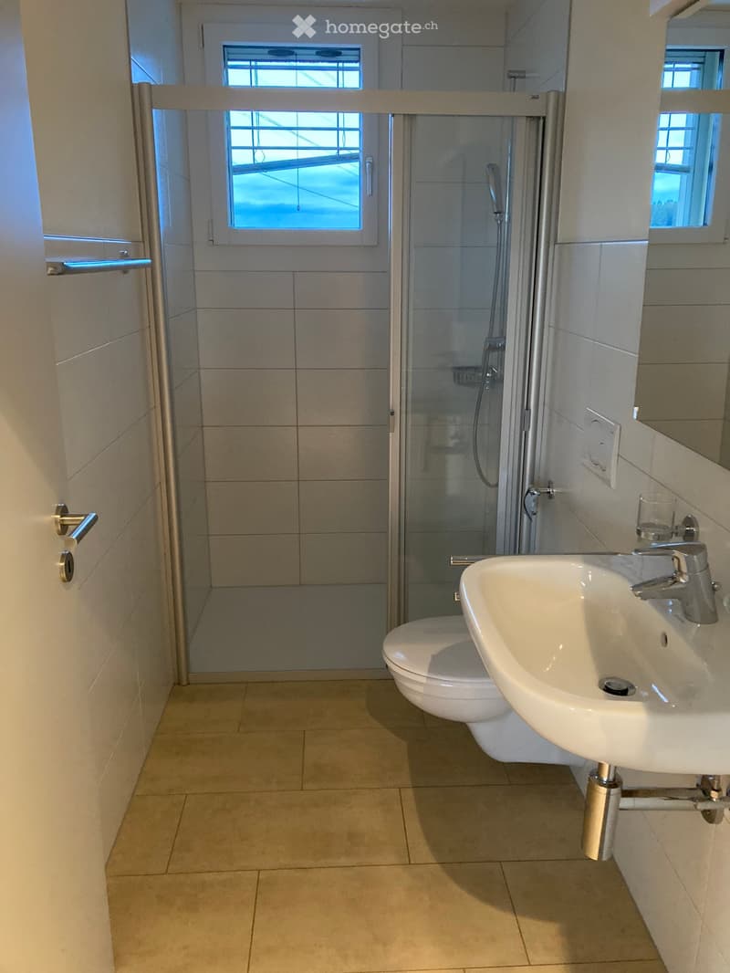 Modern bathroom with a white sink, toilet, and glass-enclosed shower. The room features tiled walls and floor, with a window above the shower area.