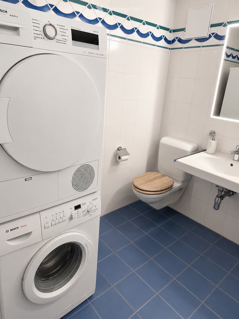 Modern bathroom with white tiles, blue floor tiles, a washing machine, toilet, sink, and a wooden toilet seat lid.