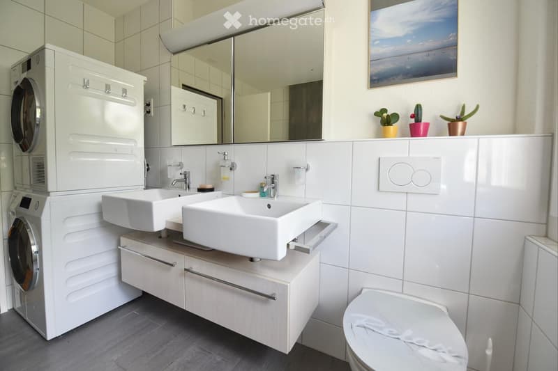 Modern bathroom with double sinks, a large mirror, a toilet, and a compact washing machine. The space features white tiles, a sleek cabinet, and decorative potted plants on the counter.