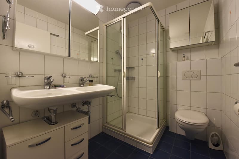 Modern bathroom with white tiles, a double sink, a shower stall, a toilet, and built-in cabinets.