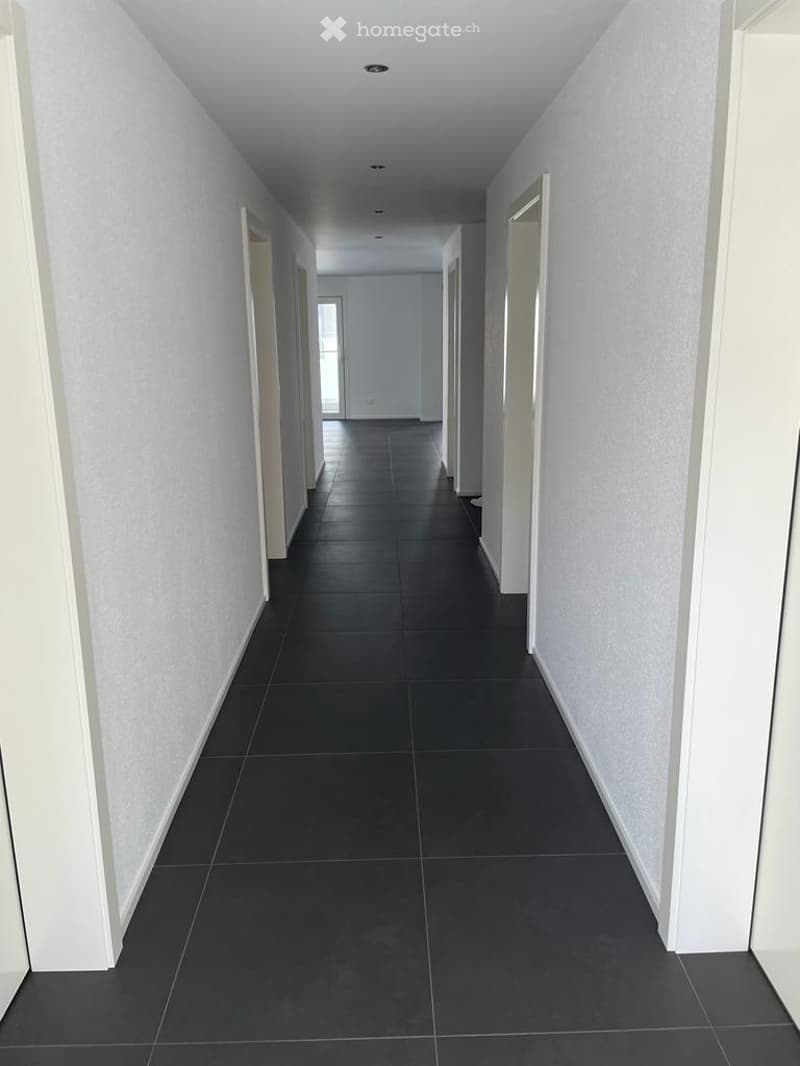 Empty hallway with dark tiled flooring and white walls, featuring several doors and a ceiling light fixture.