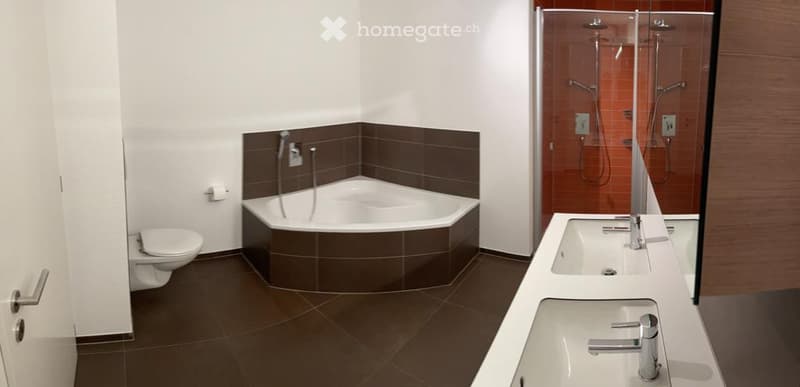 Modern bathroom with a corner bathtub, double sink, toilet, and a glass-enclosed shower area.