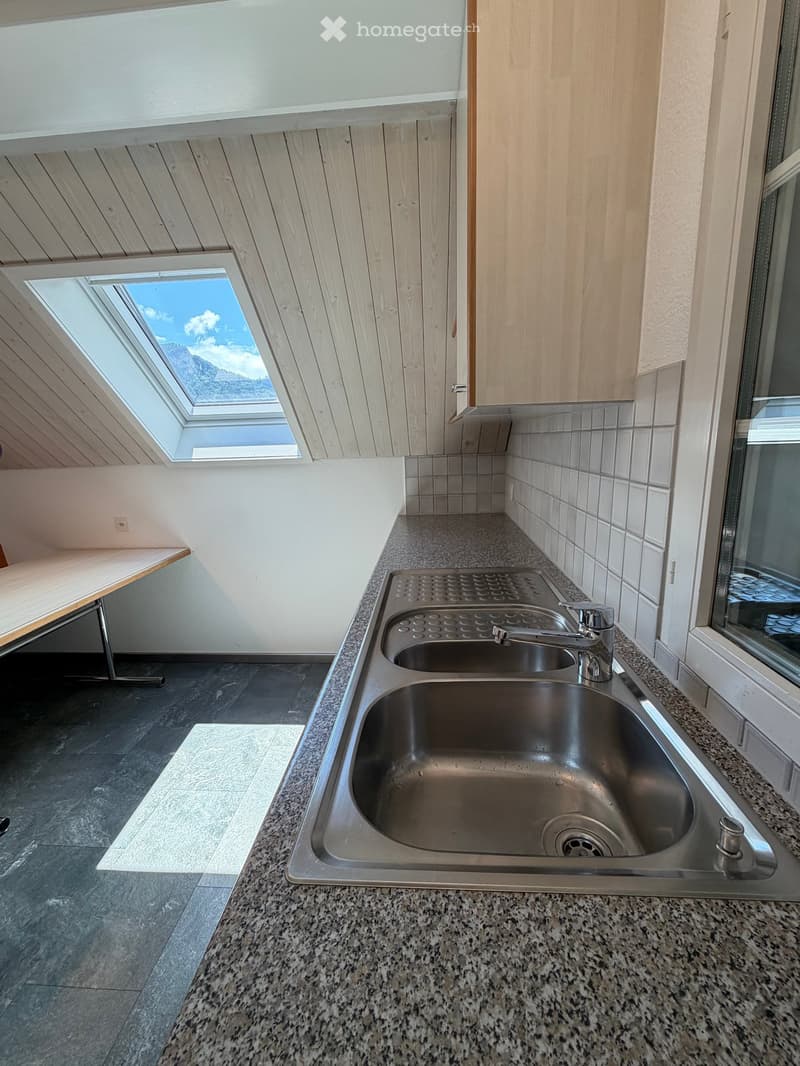 Modern kitchen with stainless steel sink, granite countertop, and skylight window offering a mountain view.