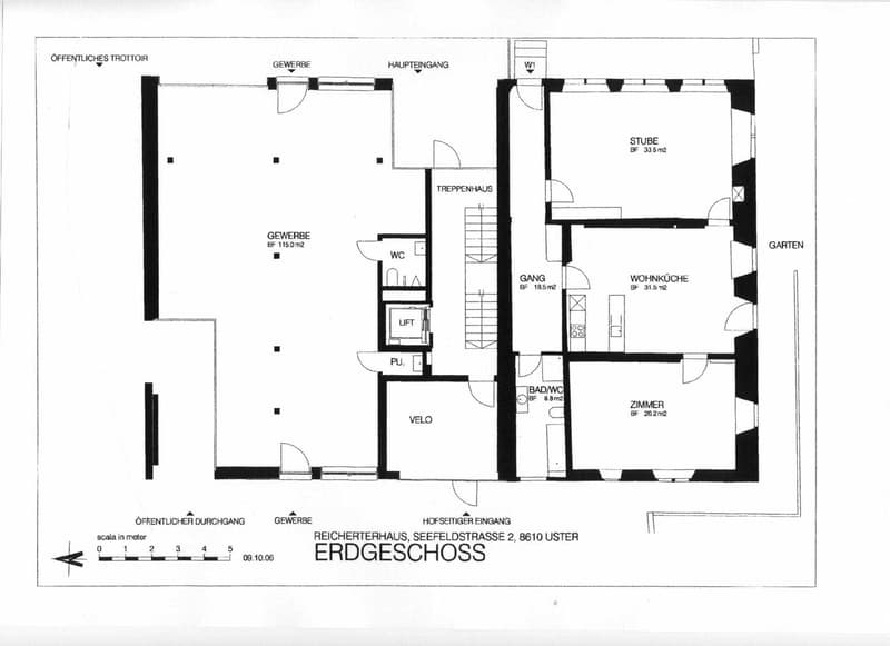 Ground floor layout of a building with commercial spaces, living areas, and a garden. Includes a living room, kitchen, bedroom, bathroom, hallway, and bicycle storage.