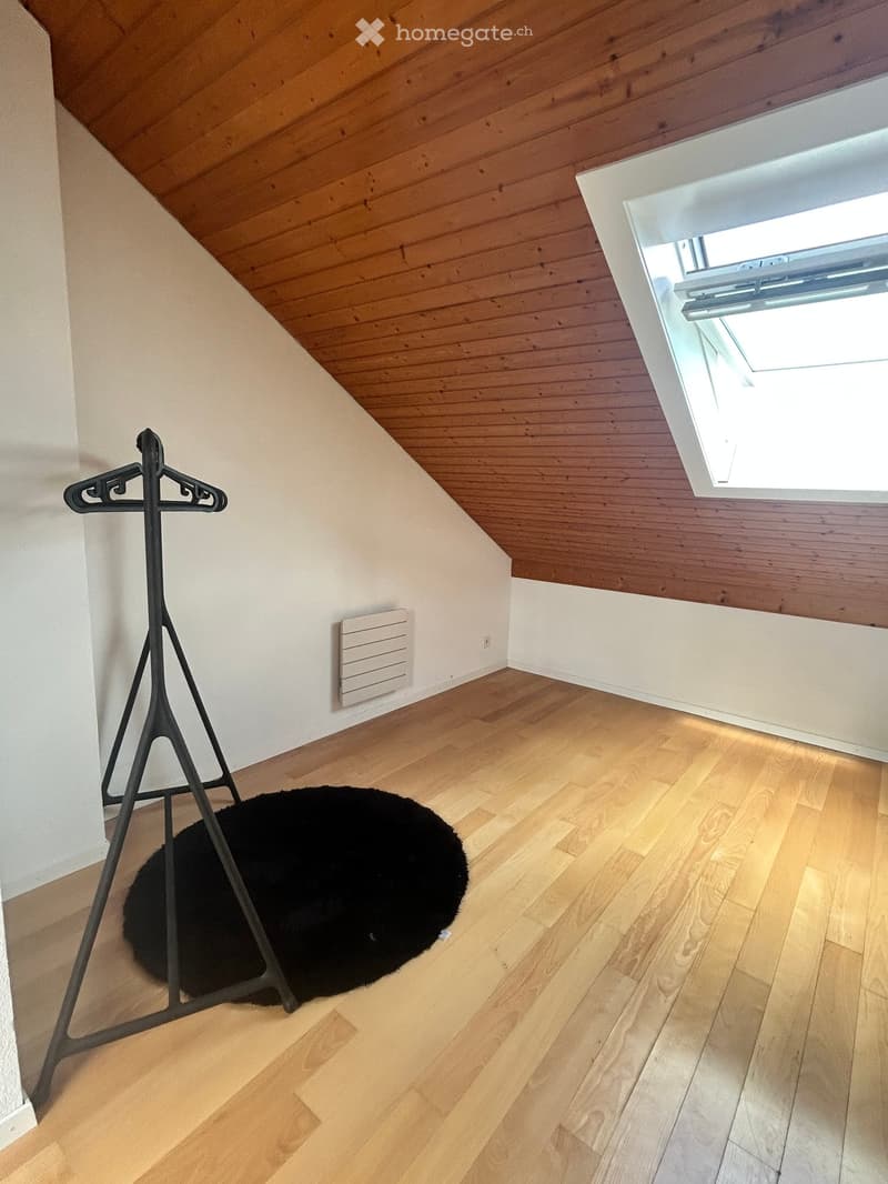 A small, unfurnished room with wooden flooring and a slanted wooden ceiling. Features include a clothing rack, a black round rug, and a skylight window.