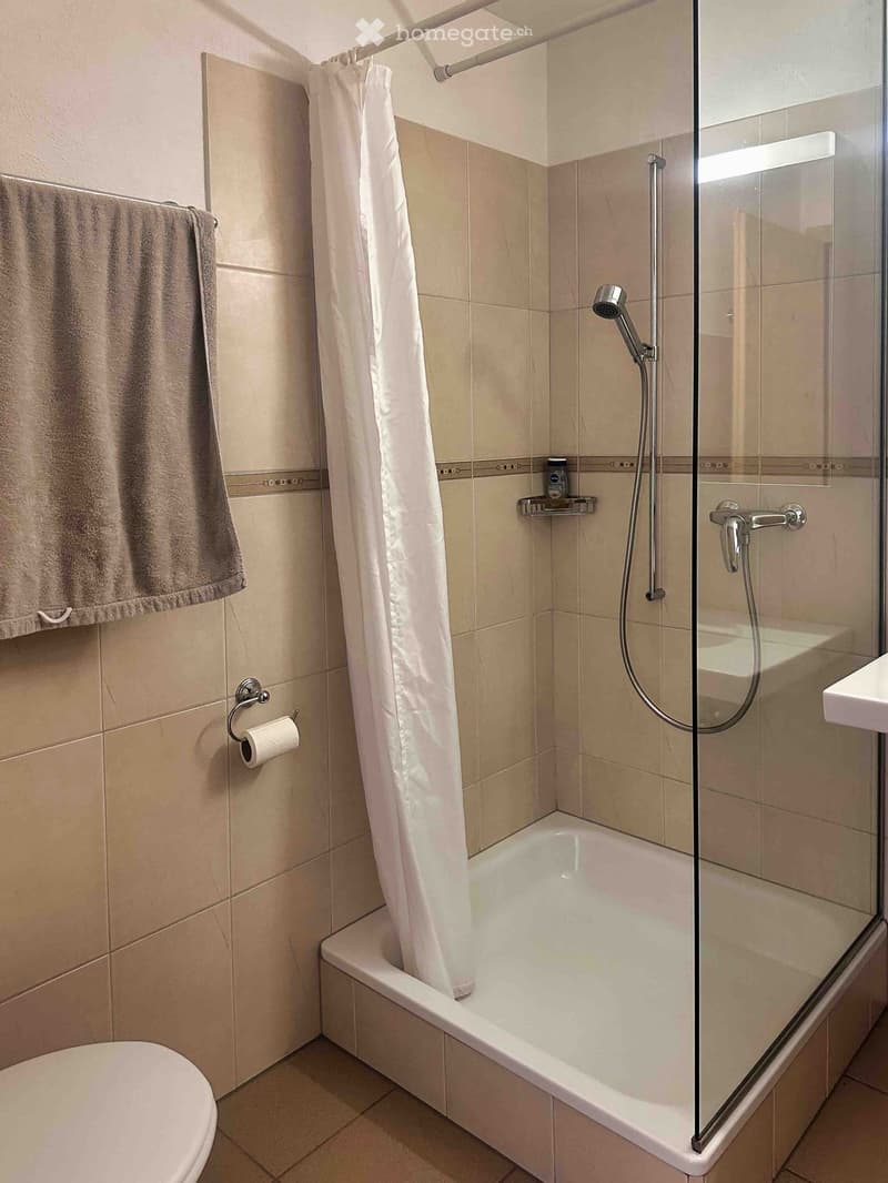Bathroom with a bathtub, toilet, shower curtain, towel, toilet paper, showerhead, and sink.