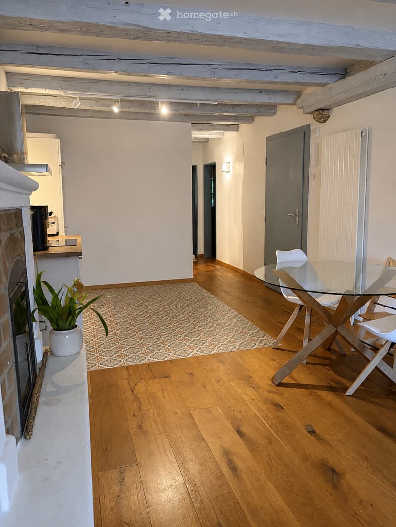 Bright, open-plan living and dining area with wooden floors, exposed wooden beams, and a patterned rug. Includes a glass dining table with white chairs, a potted plant, and a small kitchen area with a refrigerator and coffee machine.