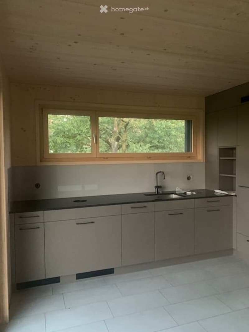 Modern kitchen with grey cabinets, black countertop, and a large window overlooking greenery.