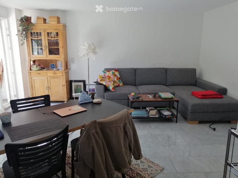 A modern living room with a grey sectional sofa, colorful throw pillows, a wooden coffee table with books and a laptop, a dining table with chairs, a wooden cabinet with glass doors, and a floor lamp.