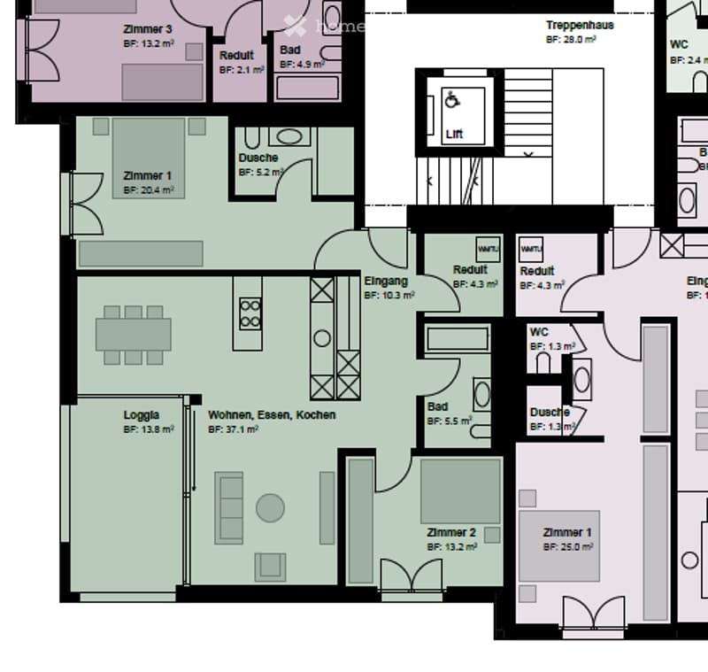 Floor plan of a multi-room apartment with living, dining, kitchen, bedrooms, bathrooms, and a staircase leading to an upper level.