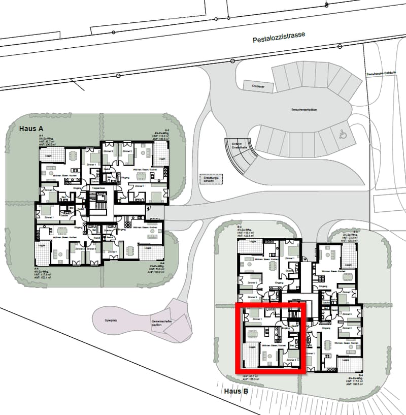 Floor plan of two houses (Haus A and Haus B) with detailed room layouts, including living rooms, bedrooms, bathrooms, and kitchens.