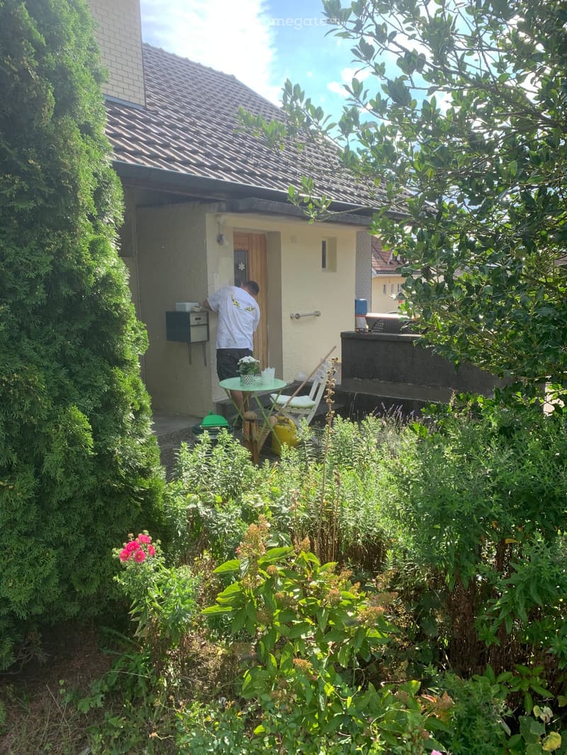 Garden area with a small table, chairs, and a mailbox, surrounded by lush greenery and flowers. A person is seen near the entrance of a house.