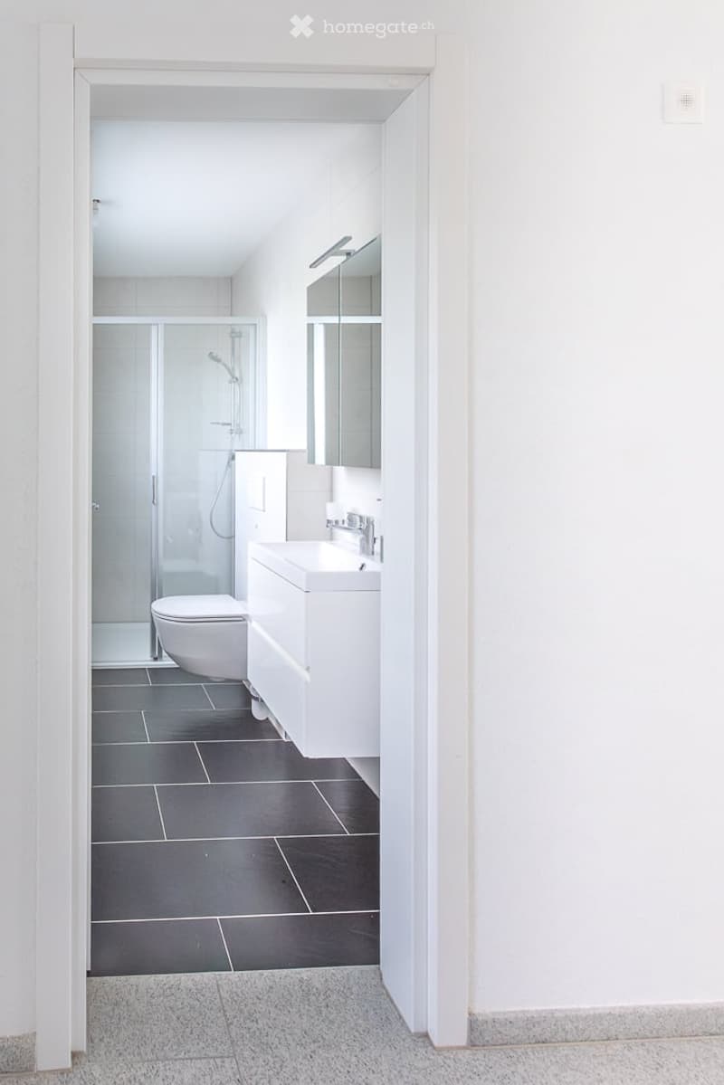 Modern bathroom with white fixtures, black tiled floor, and a glass-enclosed shower area.