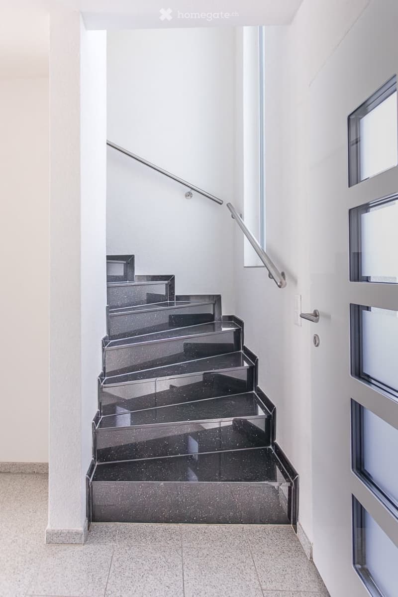 Modern hallway with a sleek black staircase featuring a glass railing and polished steps, leading upwards.