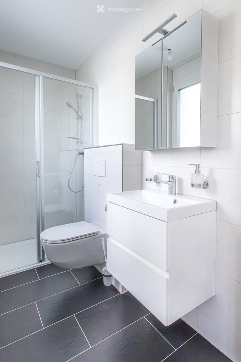 Modern bathroom with white tiles, dark grey floor, white sink, mirror, toilet, and glass-enclosed shower.