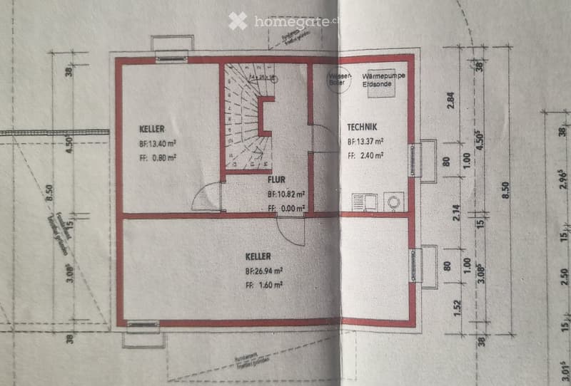 Floor plan showing two basement levels labeled 'Keller' and a technical area labeled 'Technik'. Includes labeled dimensions and areas in square meters.